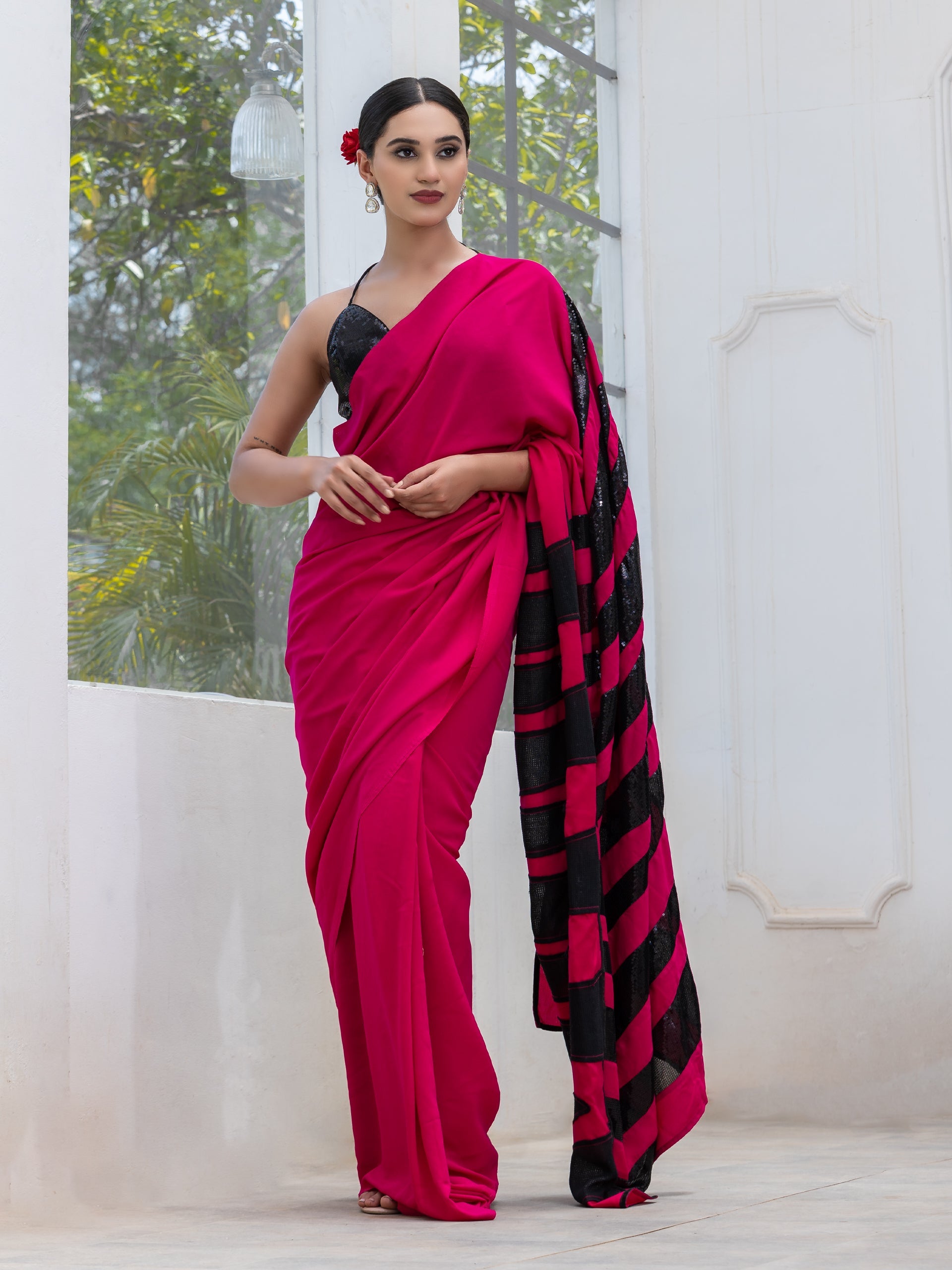 Raw Pink Power Saree with Zebra Sequins