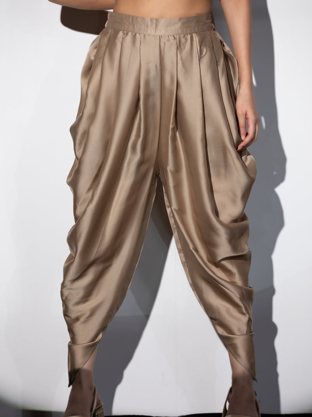Women's Peanut Bronze Zardozi Shoulder Top Set with Dhoti Pants 2 Piece Set | Straight Fit, Round Neck, Full Sleeves, Dhoti Pants, Partywear, (Satin)