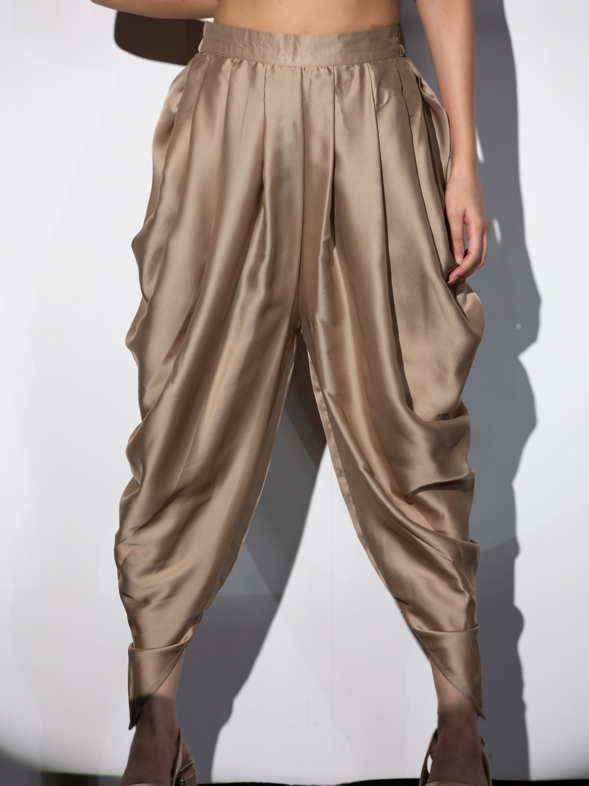 Women's Peanut Bronze Zardozi Shoulder Top Set with Dhoti Pants 2 Piece Set | Straight Fit, Round Neck, Full Sleeves, Dhoti Pants, Partywear, (Satin)