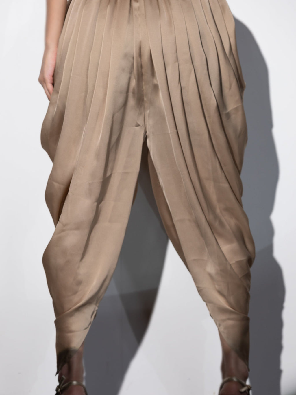 Women's Peanut Bronze Zardozi Shoulder Top Set with Dhoti Pants 2 Piece Set | Straight Fit, Round Neck, Full Sleeves, Dhoti Pants, Partywear, (Satin)