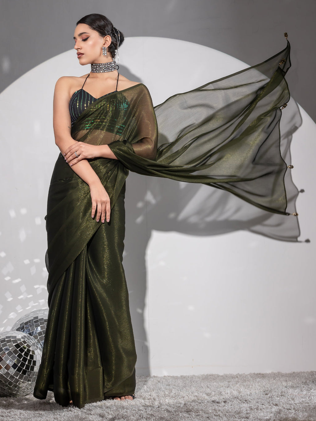 Mehndi Gold Shimmer Chiffon Saree with Pendants and Blouse Fabric