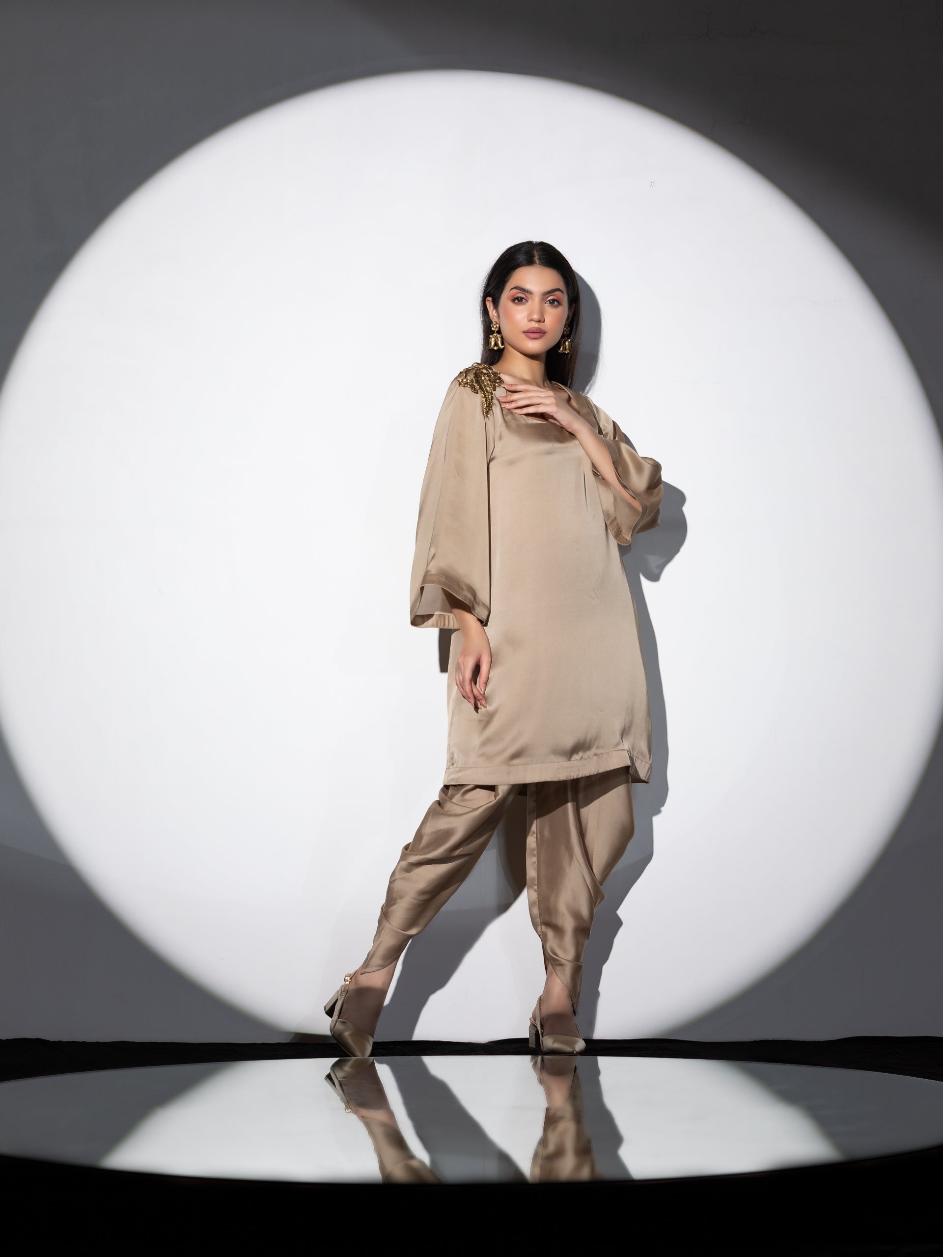Women's Peanut Bronze Zardozi Shoulder Top Set with Dhoti Pants 2 Piece Set | Straight Fit, Round Neck, Full Sleeves, Dhoti Pants, Partywear, (Satin)