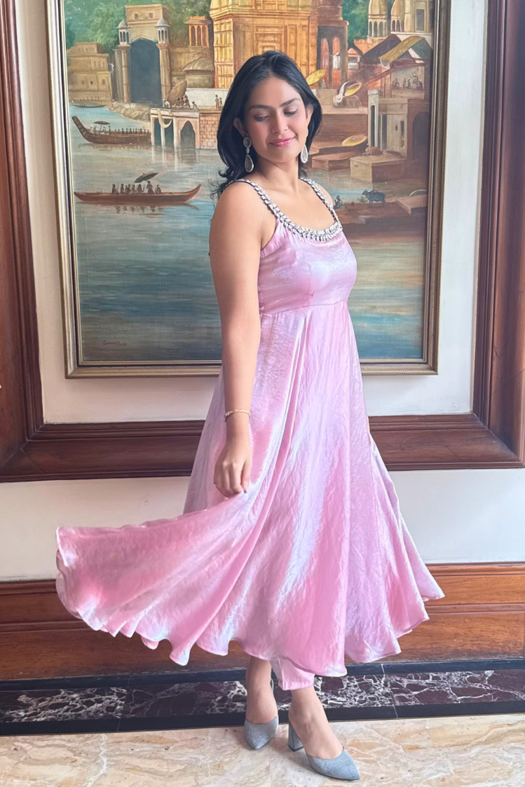 3 pc Suit - Pink Blue Metallic Sleeveless Anarkali with Glass Trim