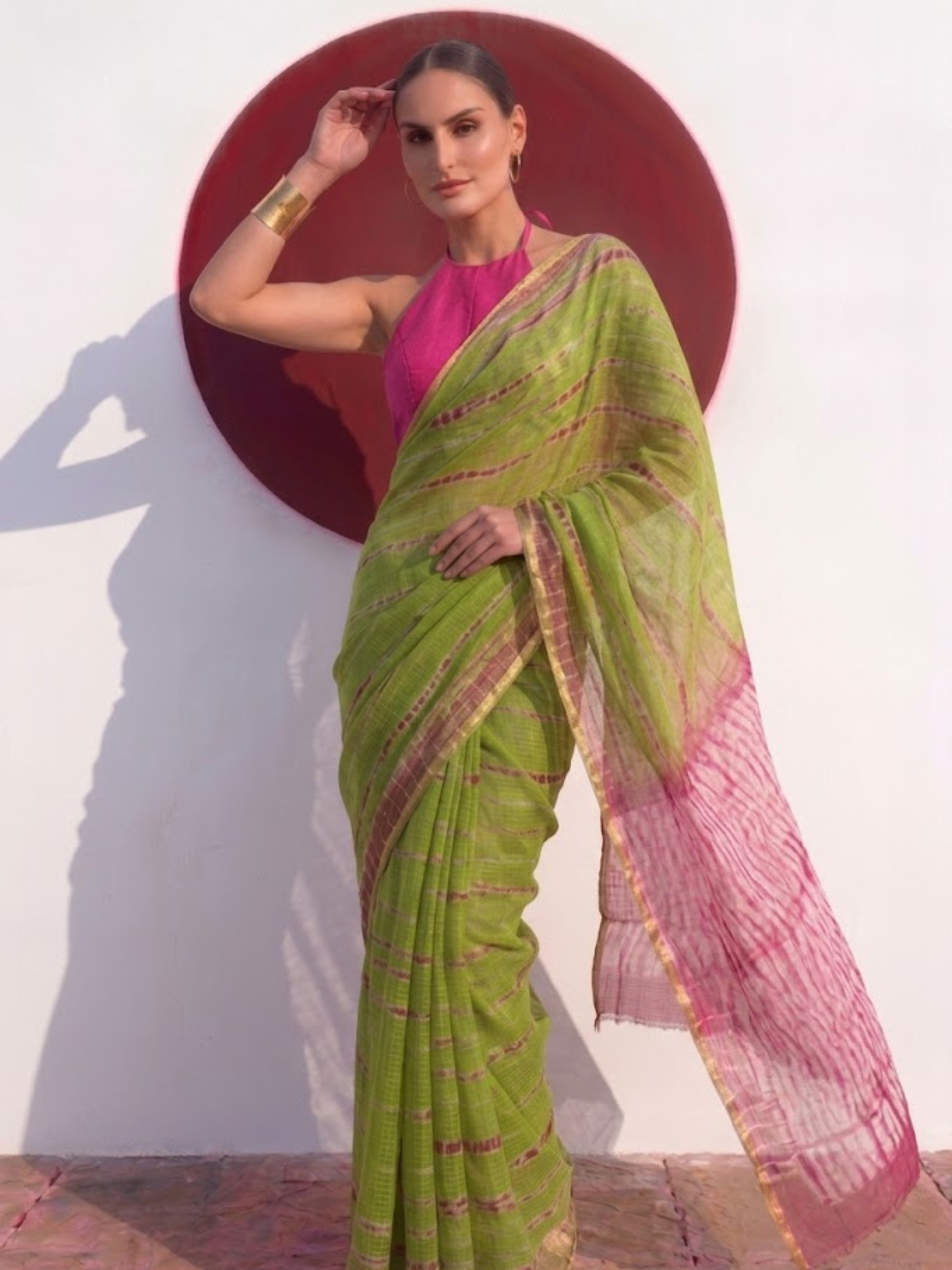 Green and Pink Pure Silk Kota Tie Dye Saree with Blouse Fabric