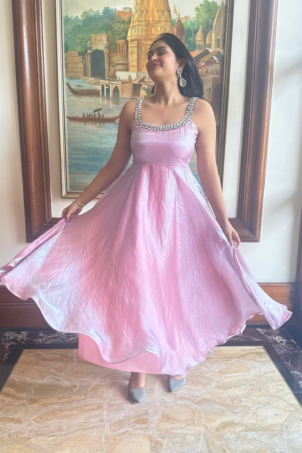 3 pc Suit - Pink Blue Metallic Sleeveless Anarkali with Glass Trim