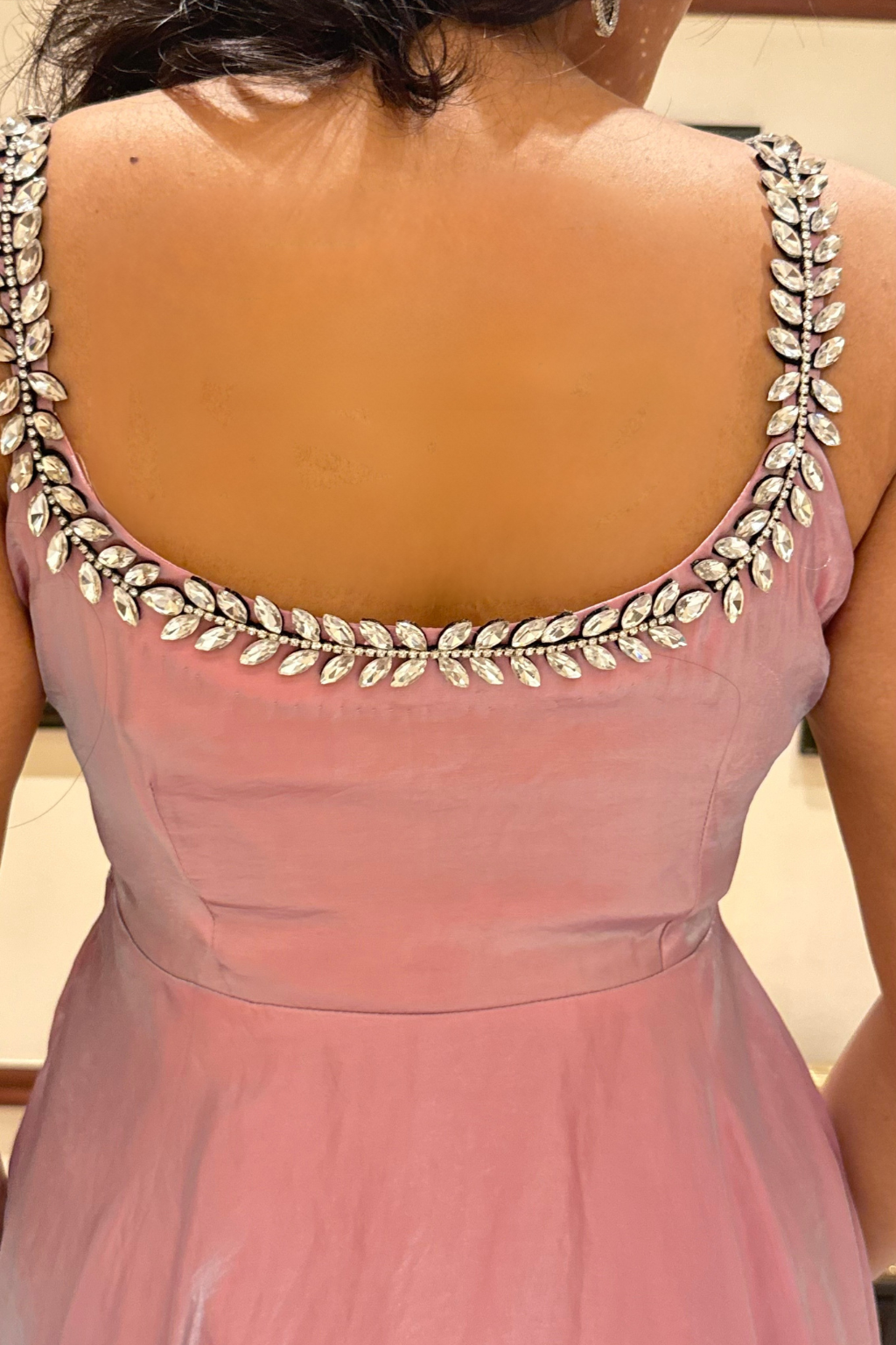 3 pc Suit - Pink Blue Metallic Sleeveless Anarkali with Glass Trim