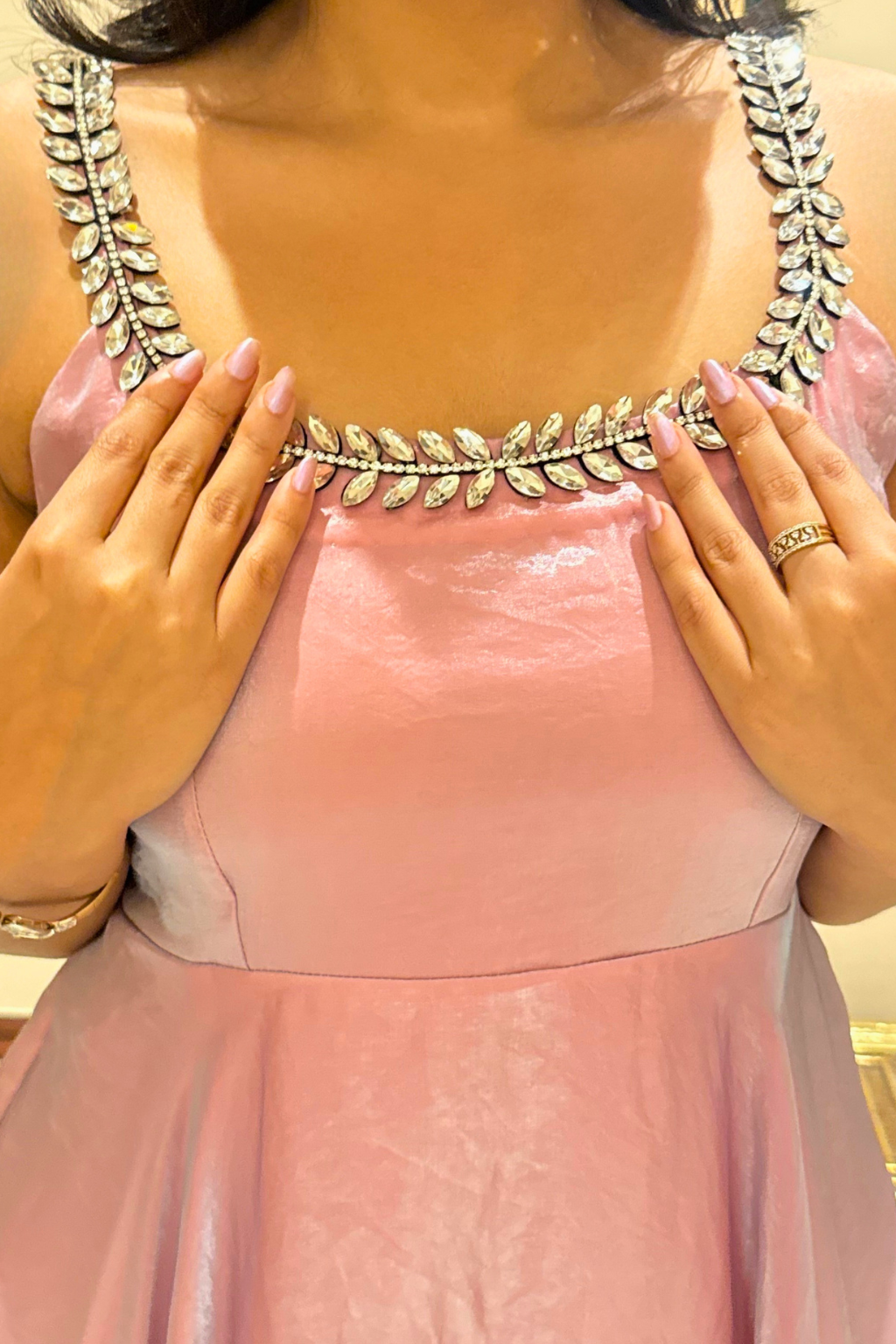 3 pc Suit - Pink Blue Metallic Sleeveless Anarkali with Glass Trim