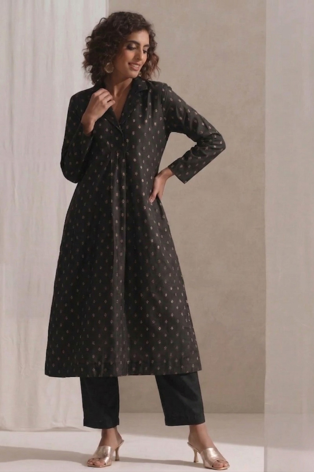 Black Banarasi Viscose Silk Collared Kurta with Pants