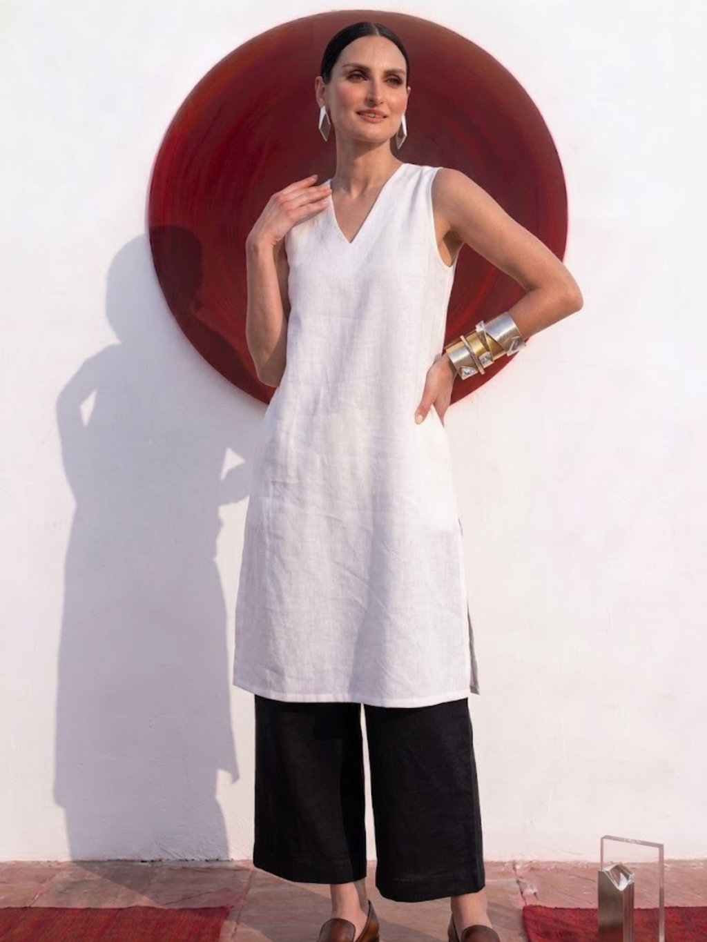 2 pc SET - High Slit Linen White Kurta with Black Pants