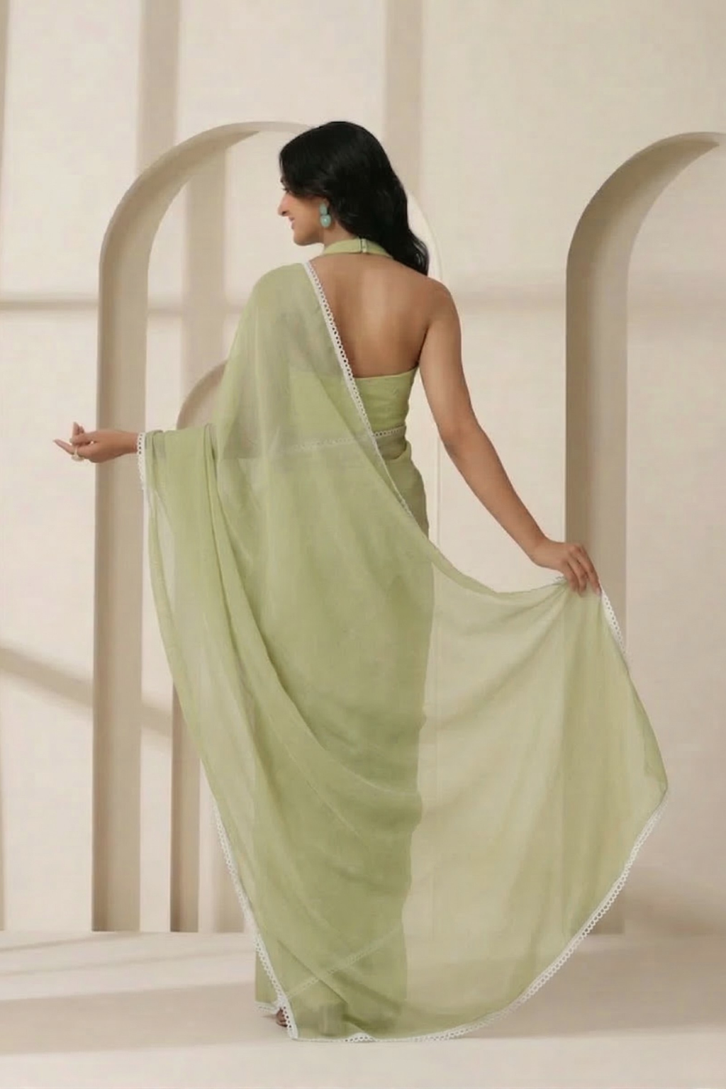 Sage Chiffon Saree with White Lace and Self Blouse Fabric