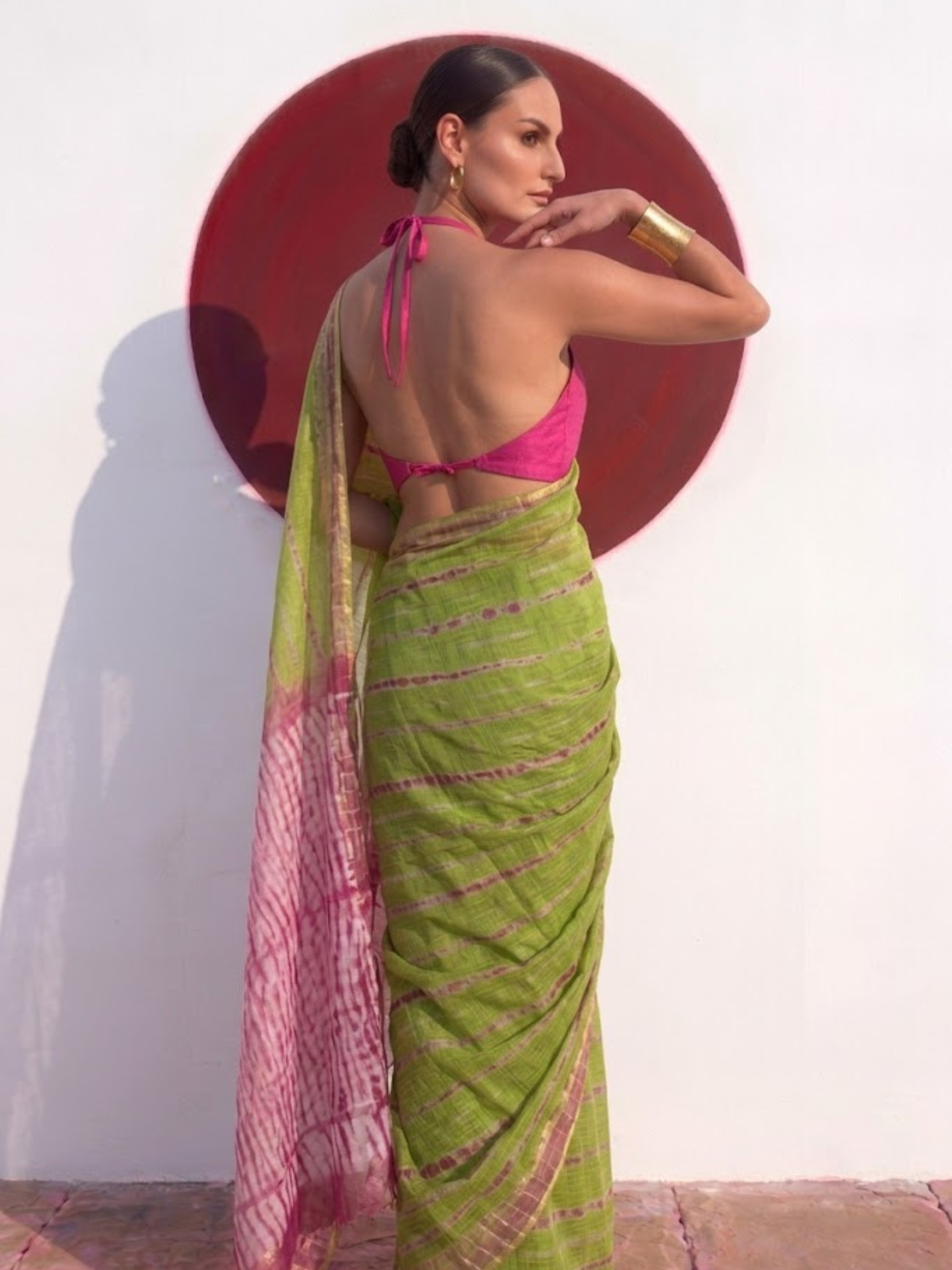 Green and Pink Pure Silk Kota Tie Dye Saree with Blouse Fabric