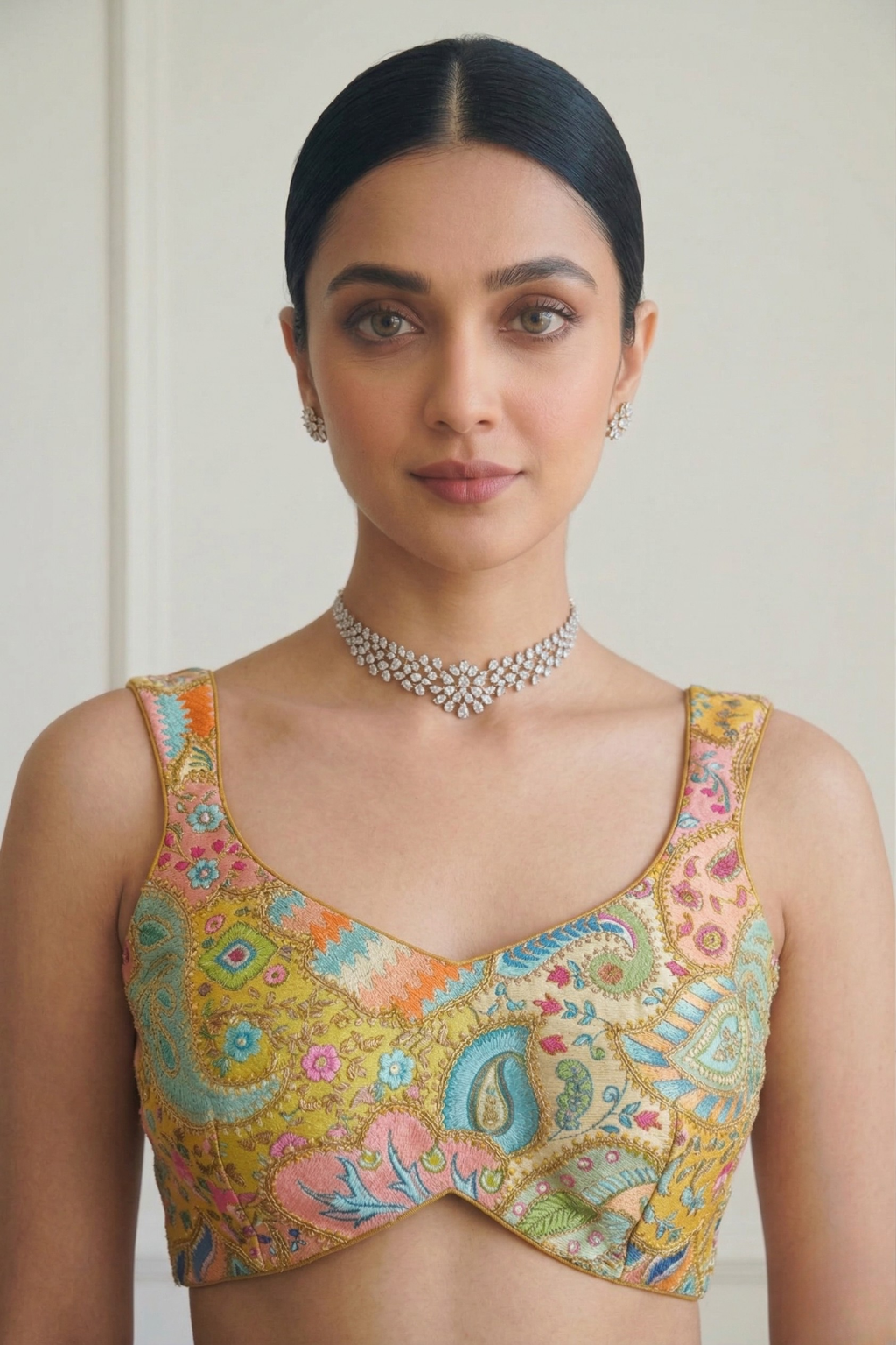 Embroidered Multicolor Blue and Peach Blouse