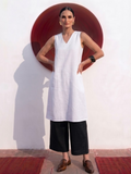2 pc SET - High Slit Linen White Kurta with Black Pants