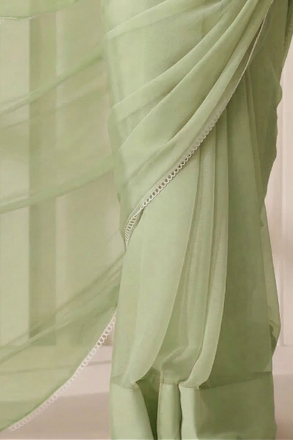 Sage Chiffon Saree with White Lace and Self Blouse Fabric