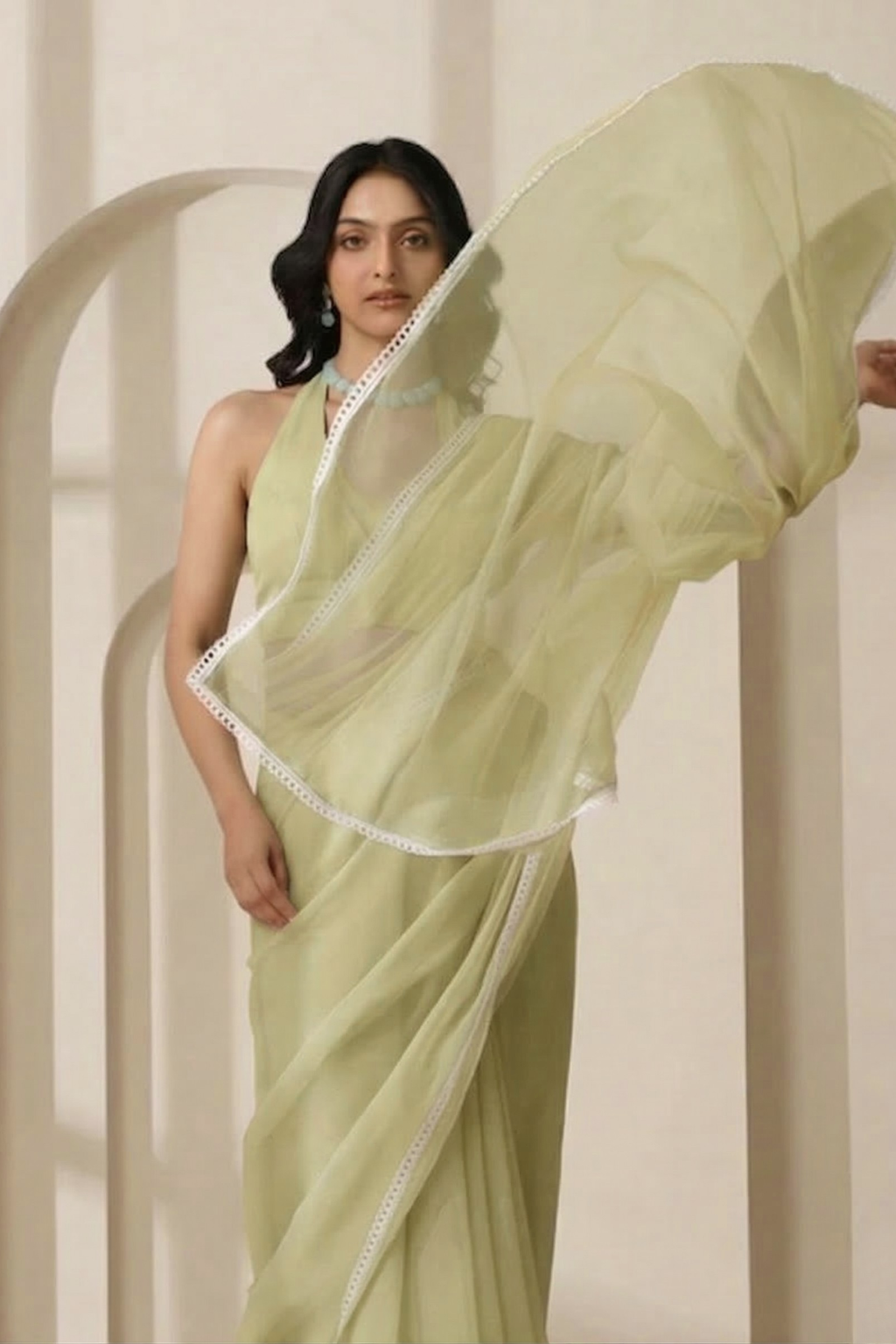 Sage Chiffon Saree with White Lace and Self Blouse Fabric