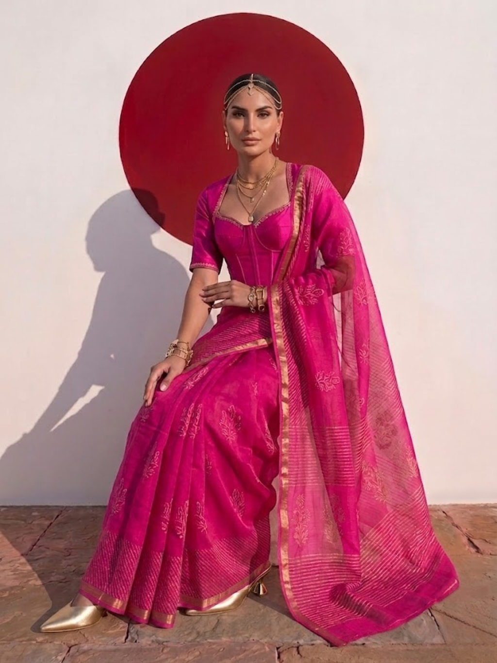 Fuchsia Pure Silk Kota Printed Saree with Blouse Fabric