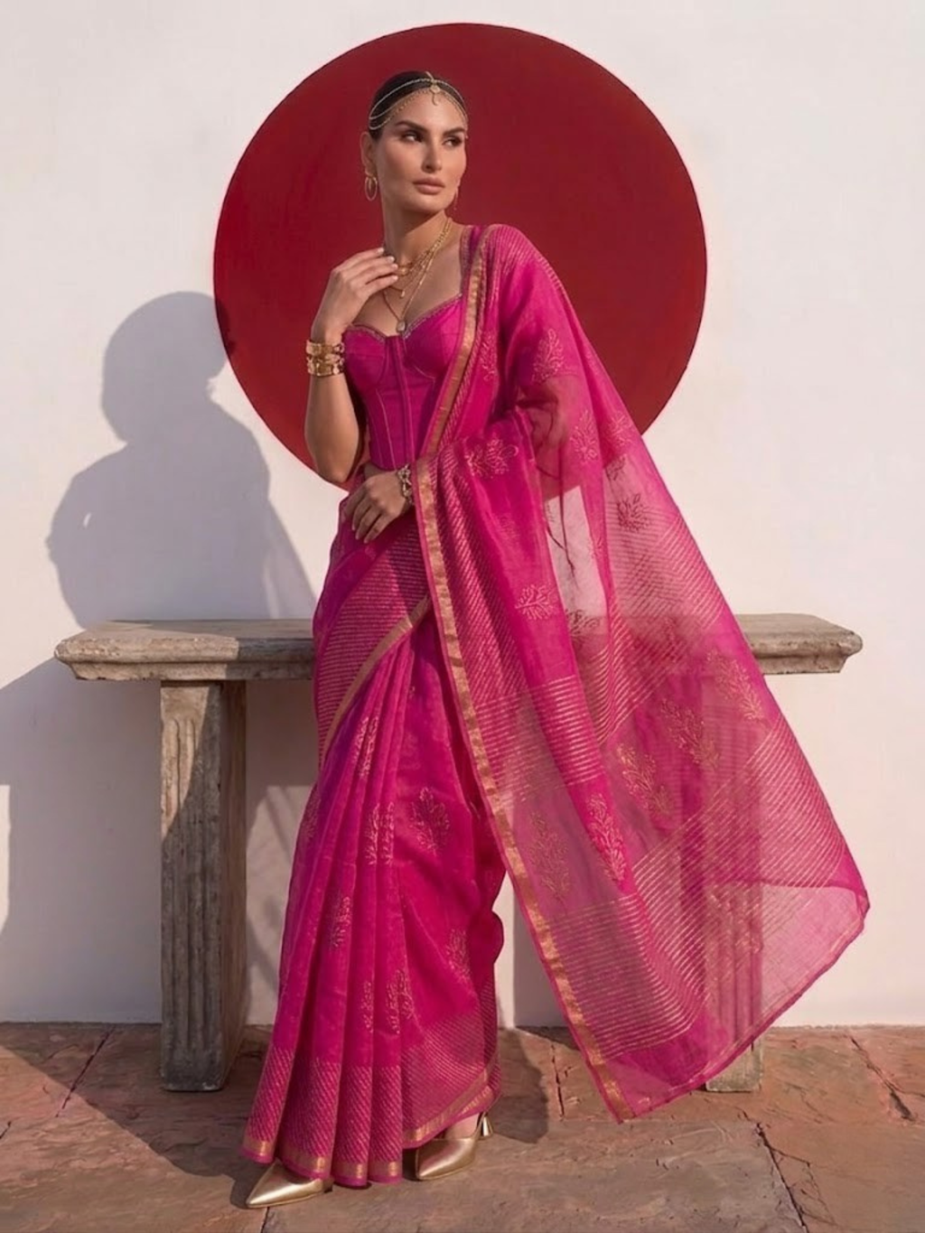 Fuchsia Pure Silk Kota Printed Saree with Blouse Fabric