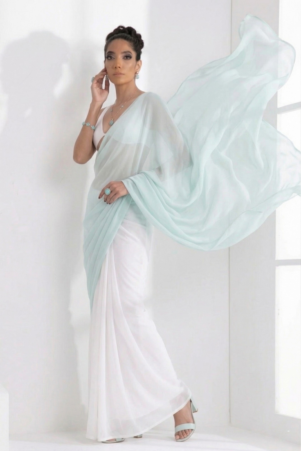 White and Light Blue Saree with Blouse Fabric