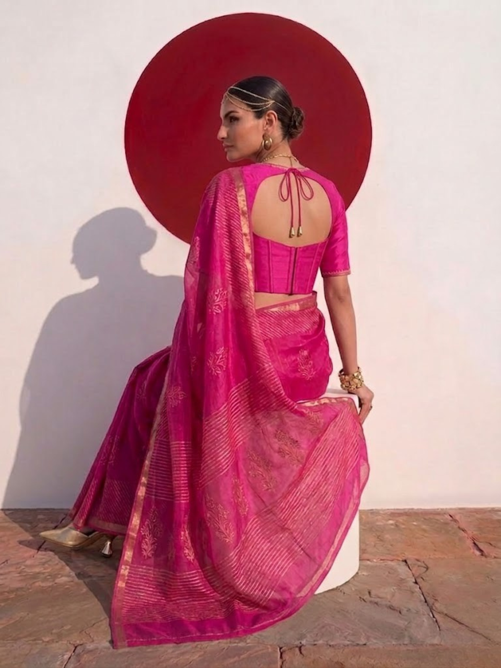 Fuchsia Pure Silk Kota Printed Saree with Blouse Fabric