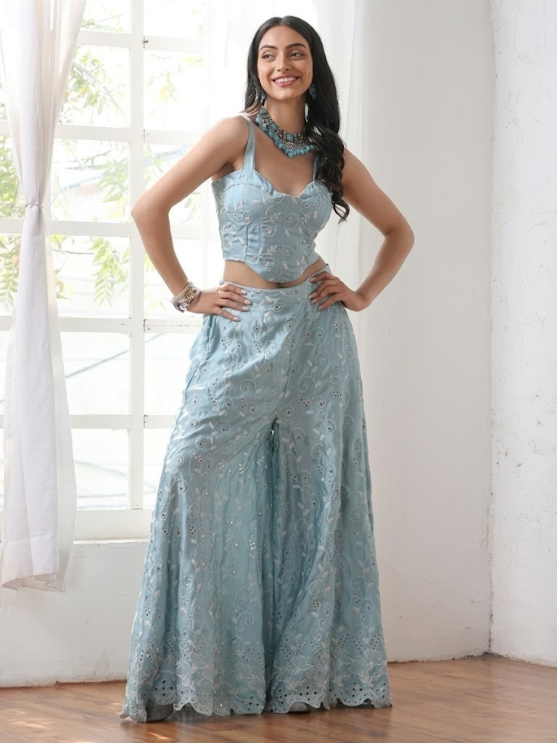 Women’s Blue All Over Schiffli Palazzo | 1 Pc, PRF'T Lux Duchess Satin Fabric, Allover Schiffli Embroidery, Festive Party Wear