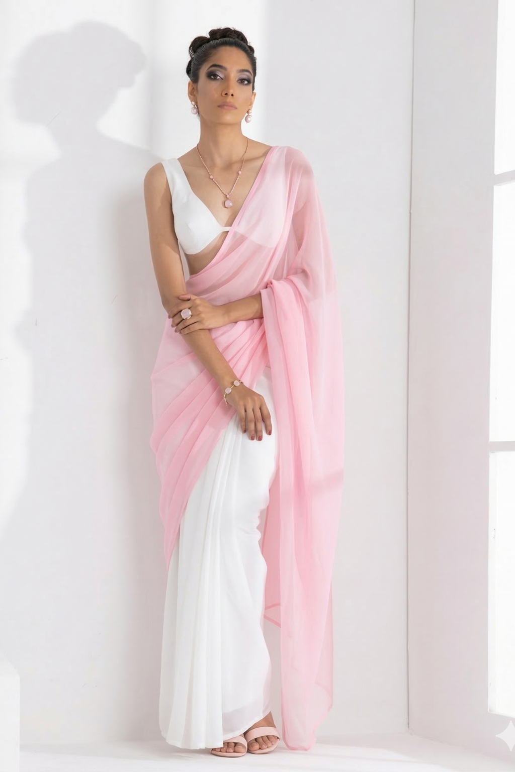 White with Pink Chiffon Saree and Blouse Fabric
