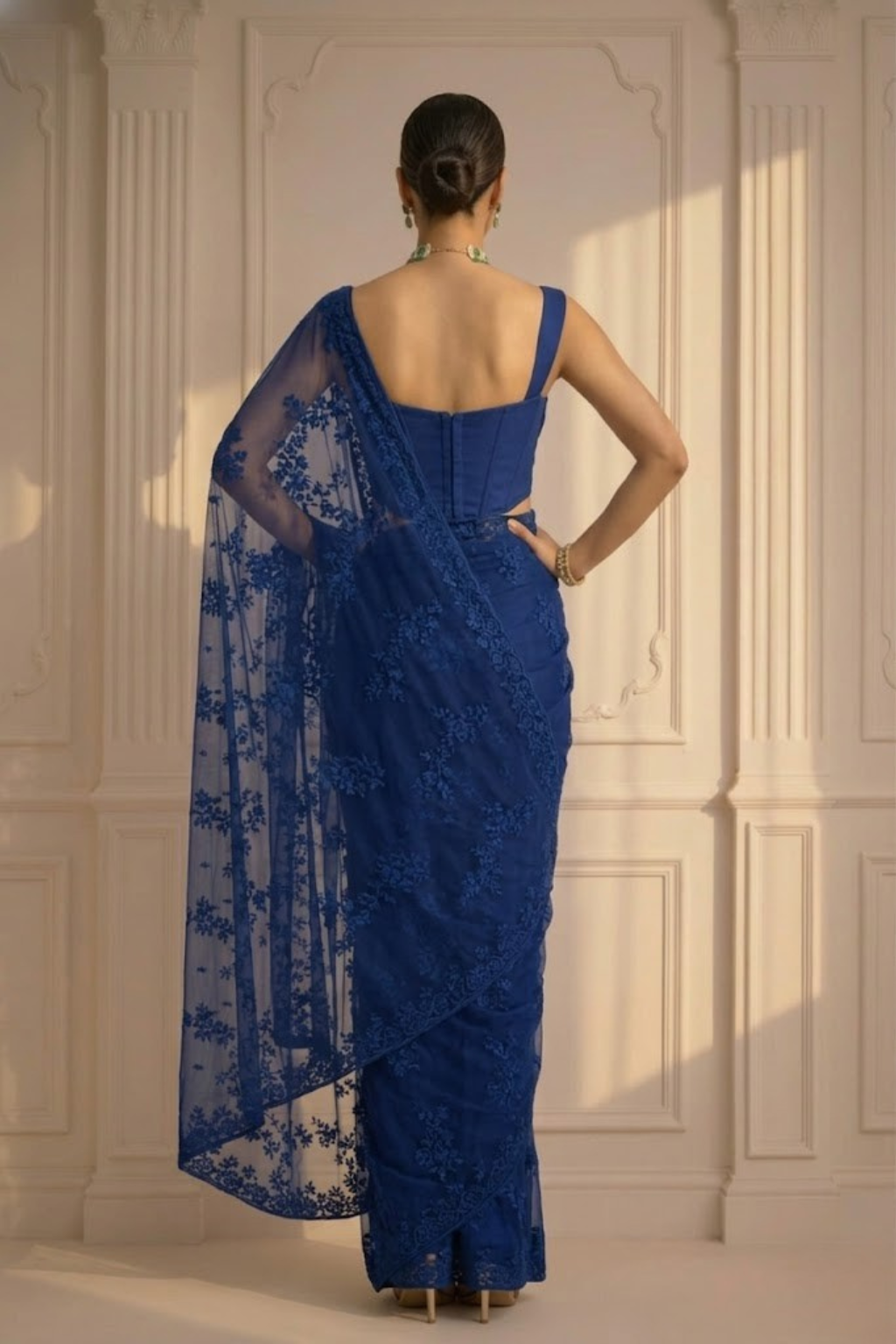 Prussian Blue Stripe Lace Saree with Sequin and Blouse Fabric