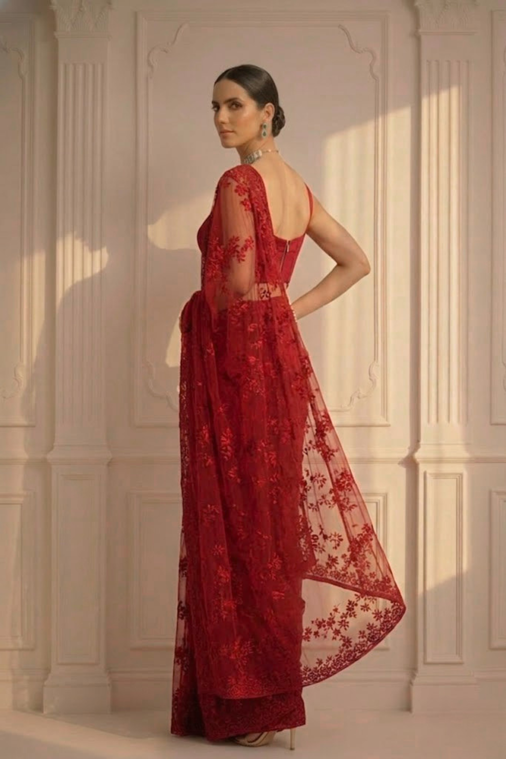 Red Stripe Lace Saree with Sequin and Blouse Fabric