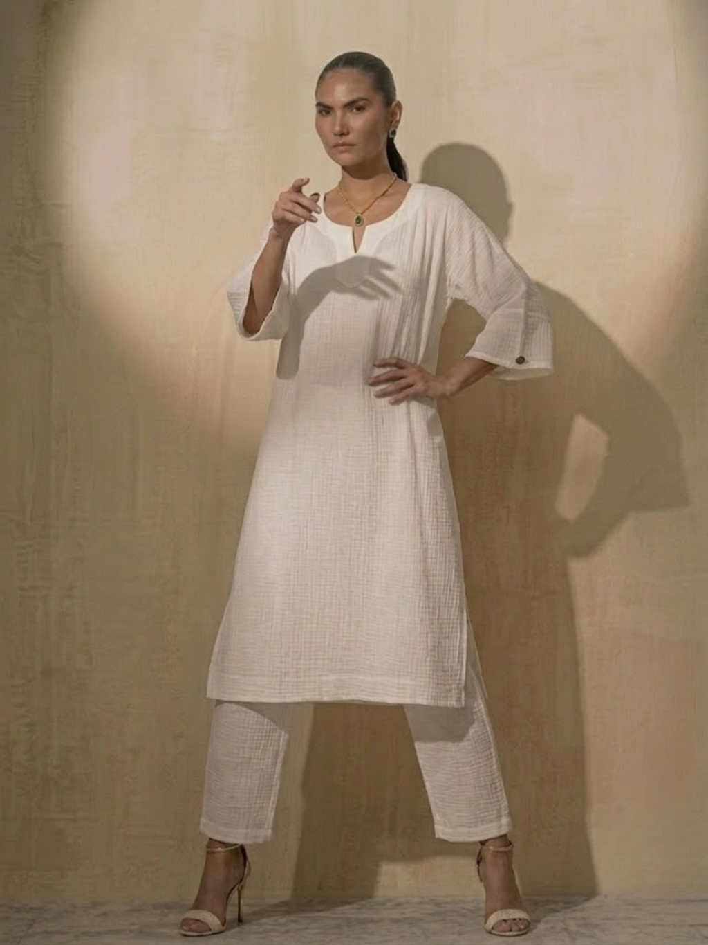 2 pc Set - White Easy Addictive Travel Airflow Kurta and Pant Set