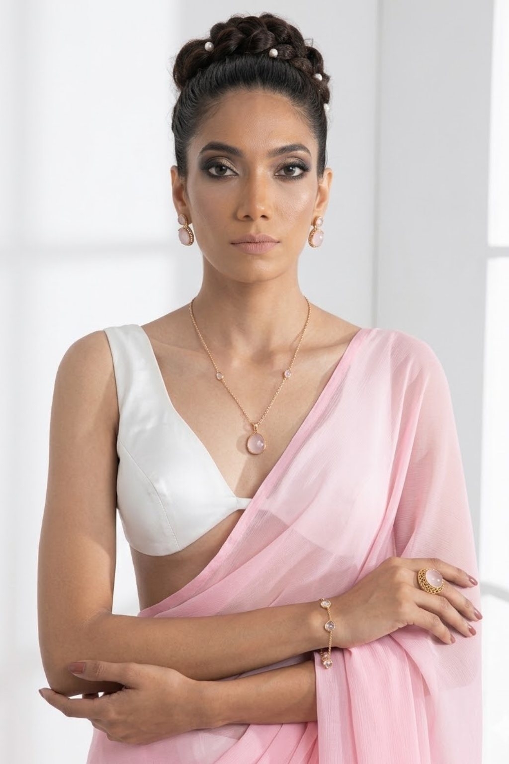 White with Pink Chiffon Saree and Blouse Fabric