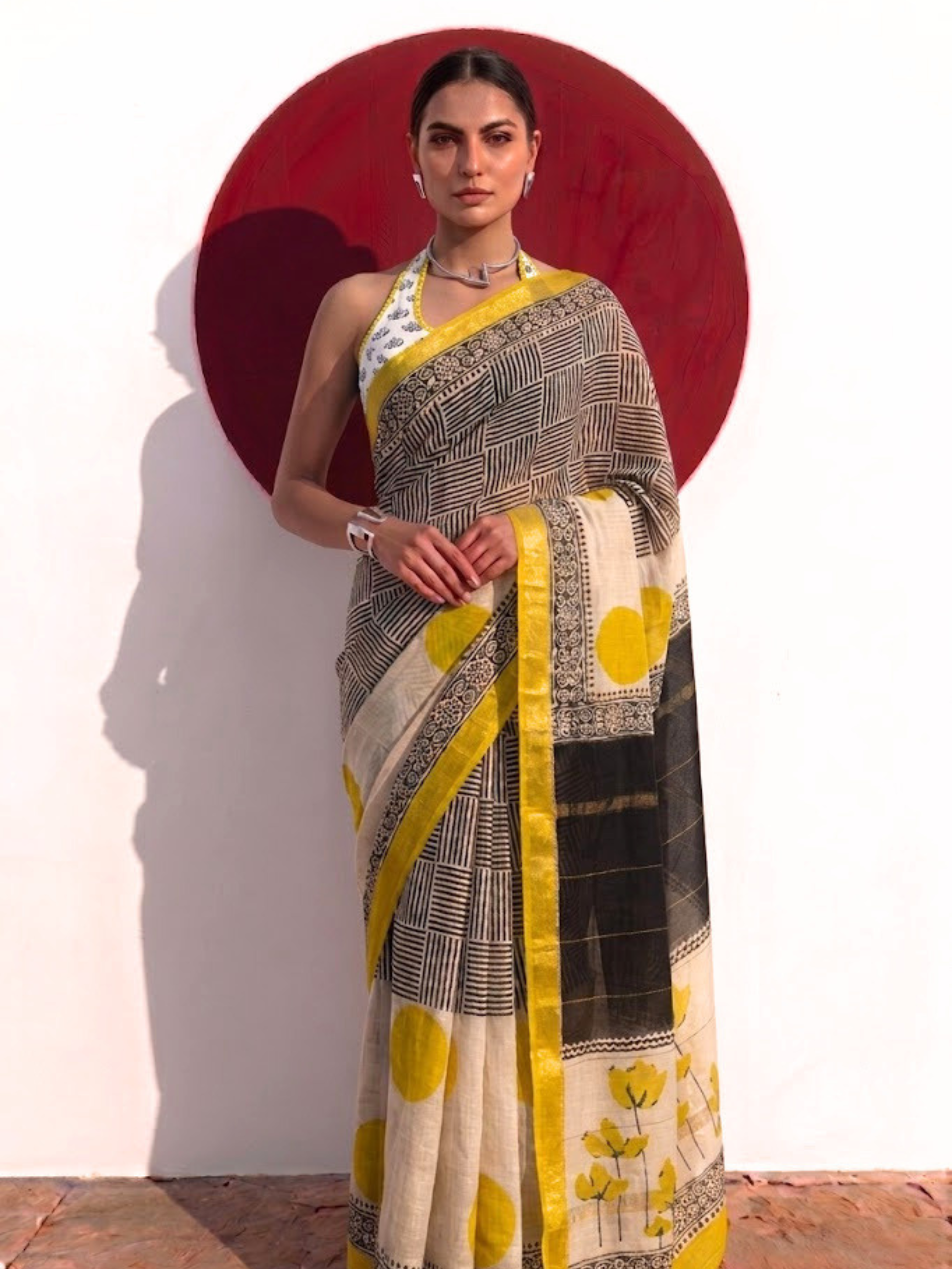Maheshwari Silk Hand Block Black Yellow Printed Saree with Blouse Fabric