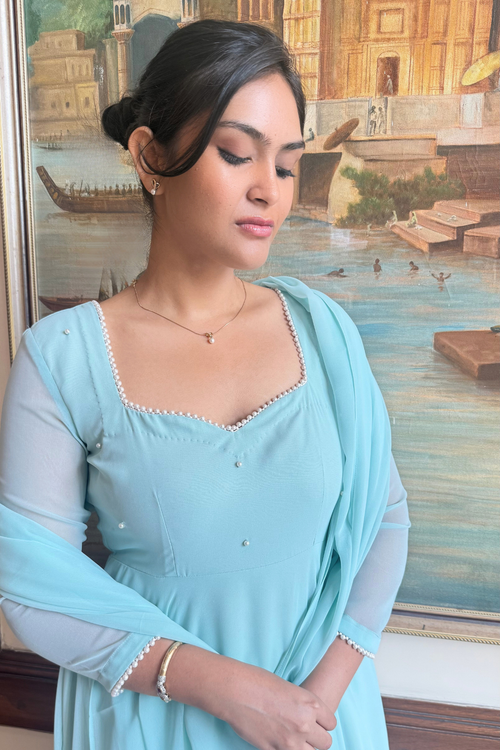 3 pc Suit Set -Light Blue Georgette 3/4th Sleeve Anarkali with Pearls with Dupatta and Pants