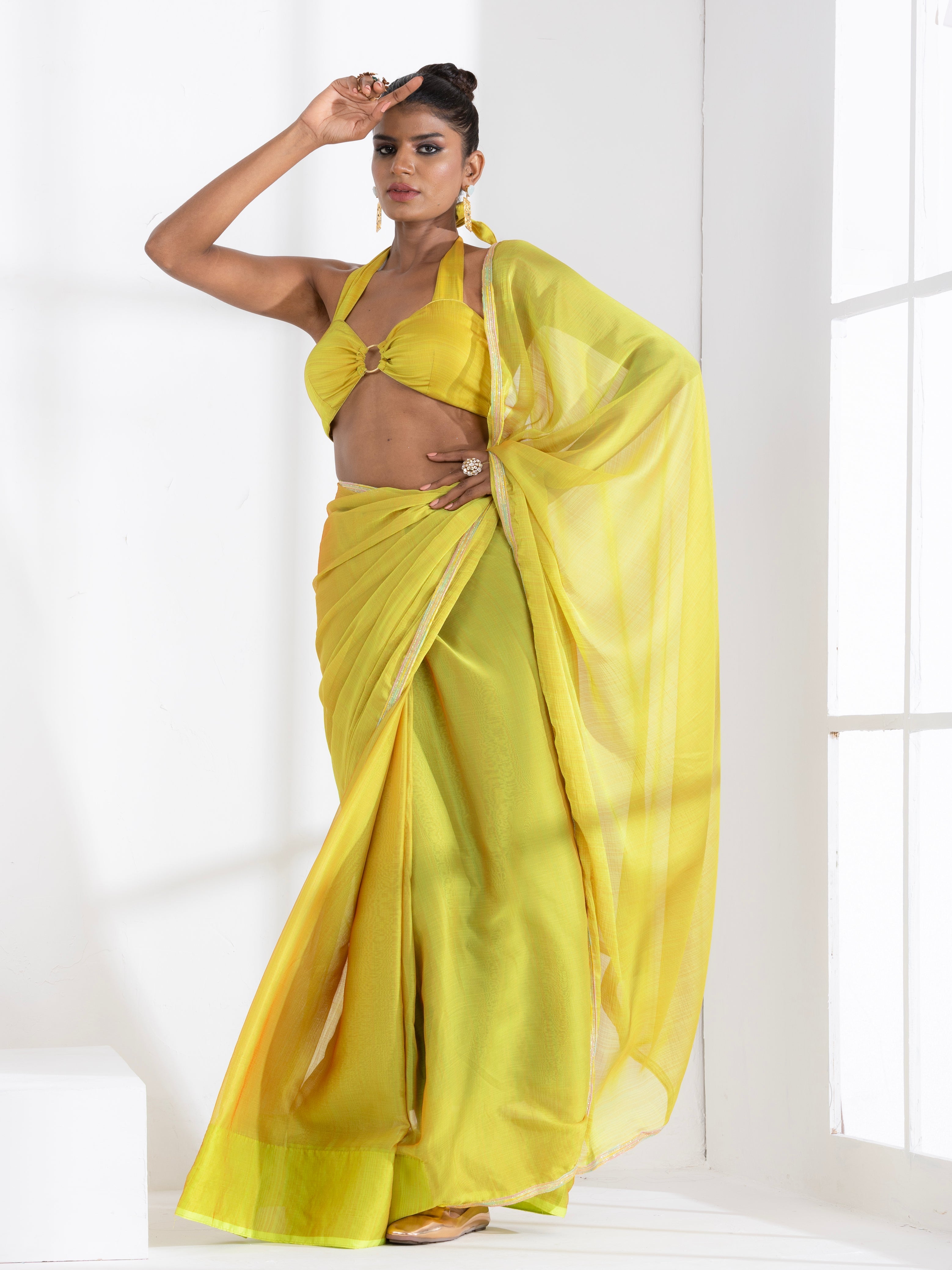 Lime and Lemony Chiffon Saree with Lace & Self Blouse Fabric