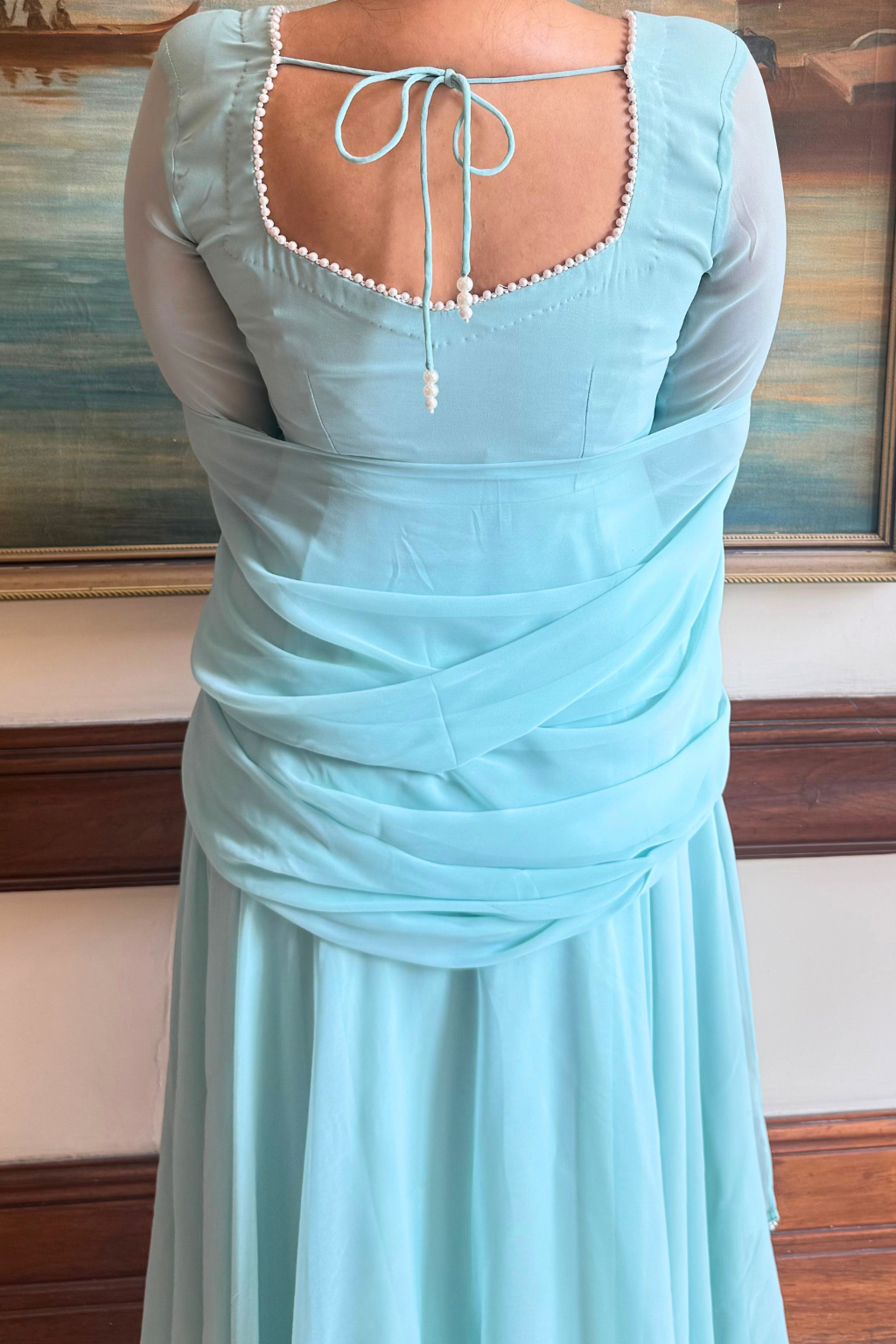 3 pc Suit Set -Light Blue Georgette 3/4th Sleeve Anarkali with Pearls with Dupatta and Pants