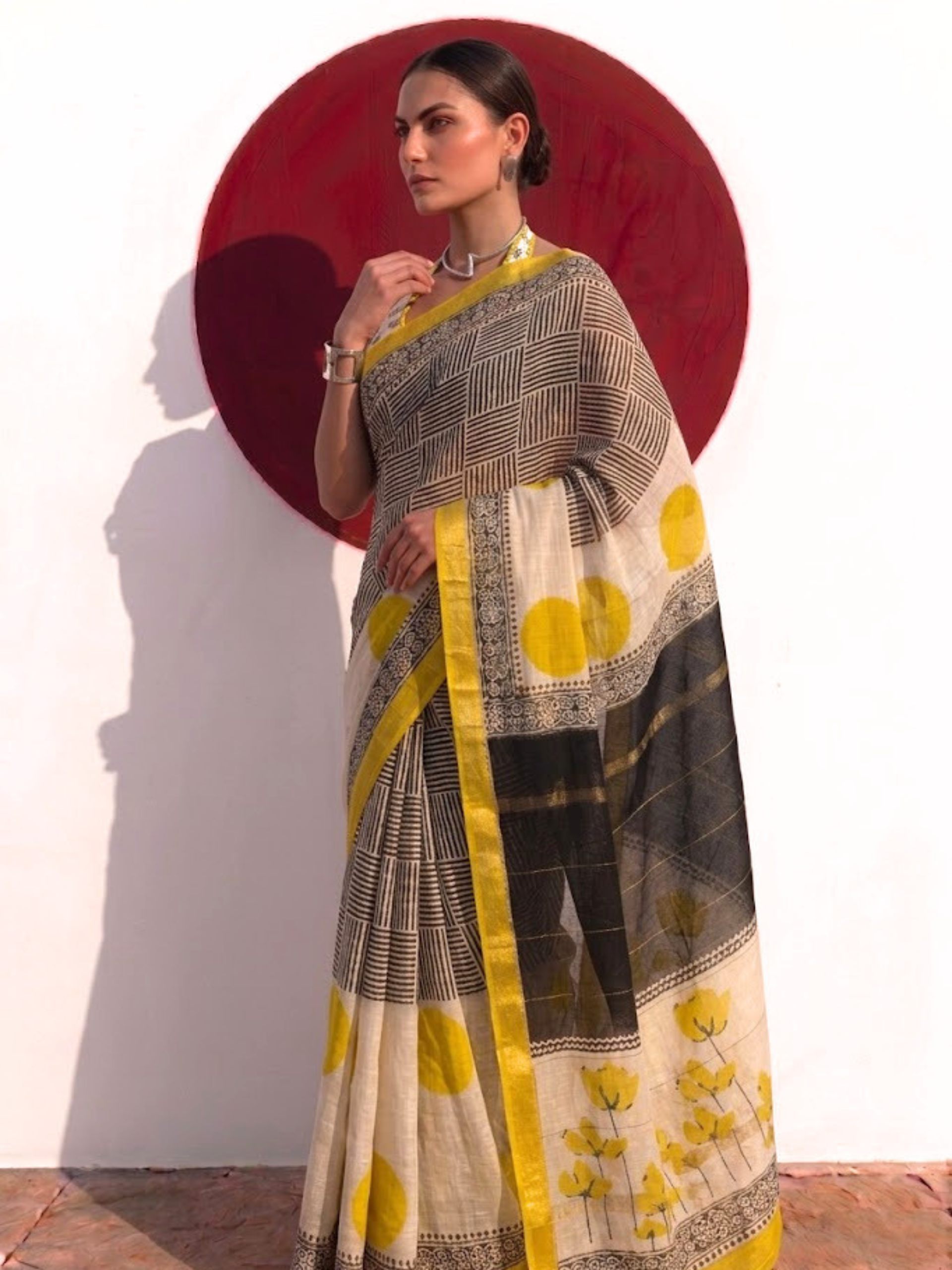 Maheshwari Silk Hand Block Black Yellow Printed Saree with Blouse Fabric