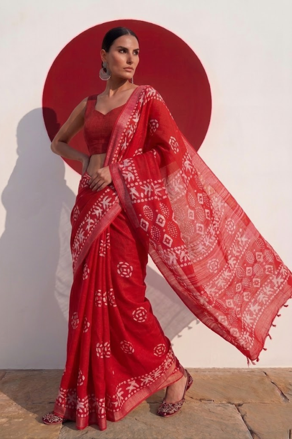 Red Hand Block Printed Soft Cotton Saree with Blouse Fabric