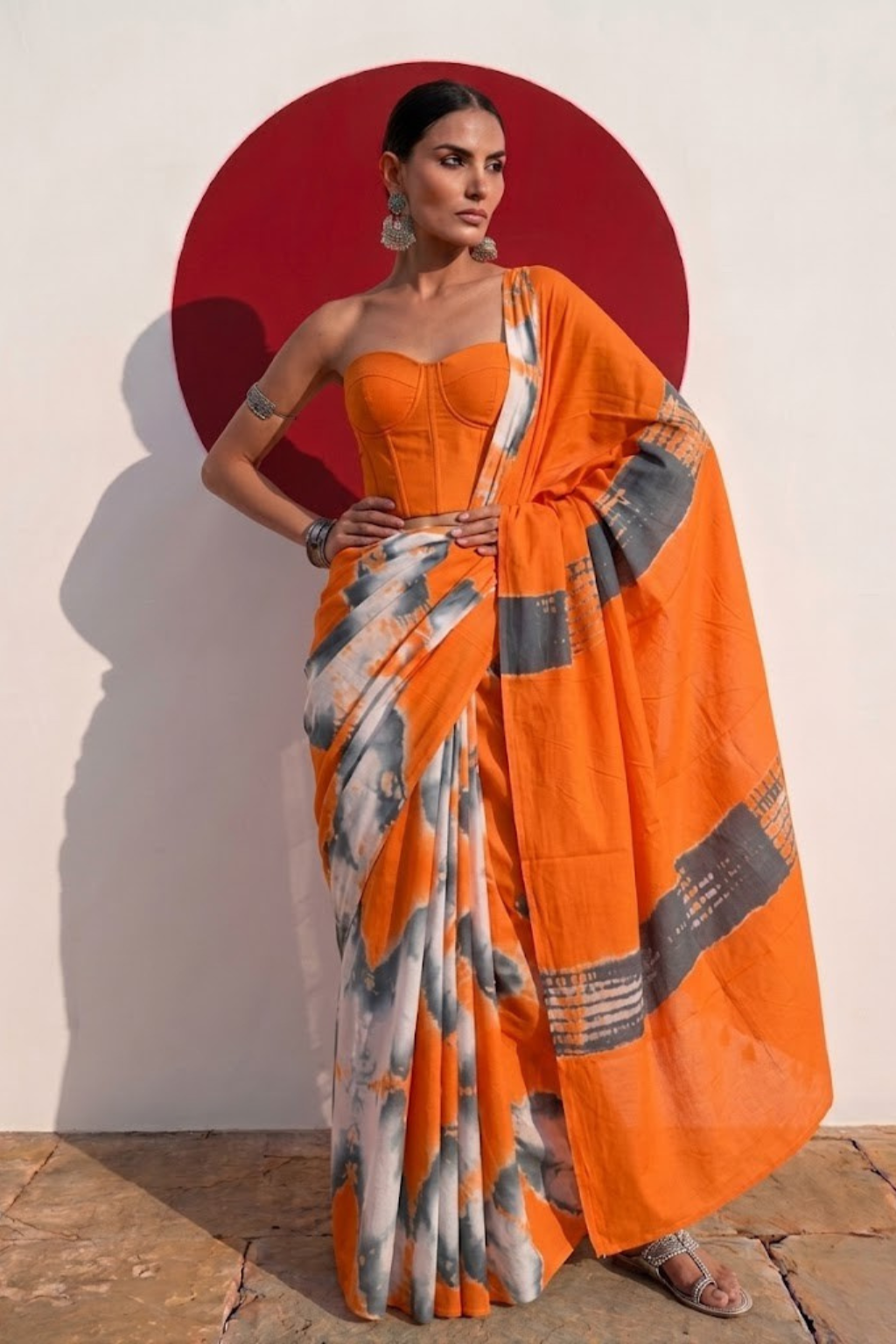 Orange and Grey Tie Dye Cotton Saree with Blouse fabric
