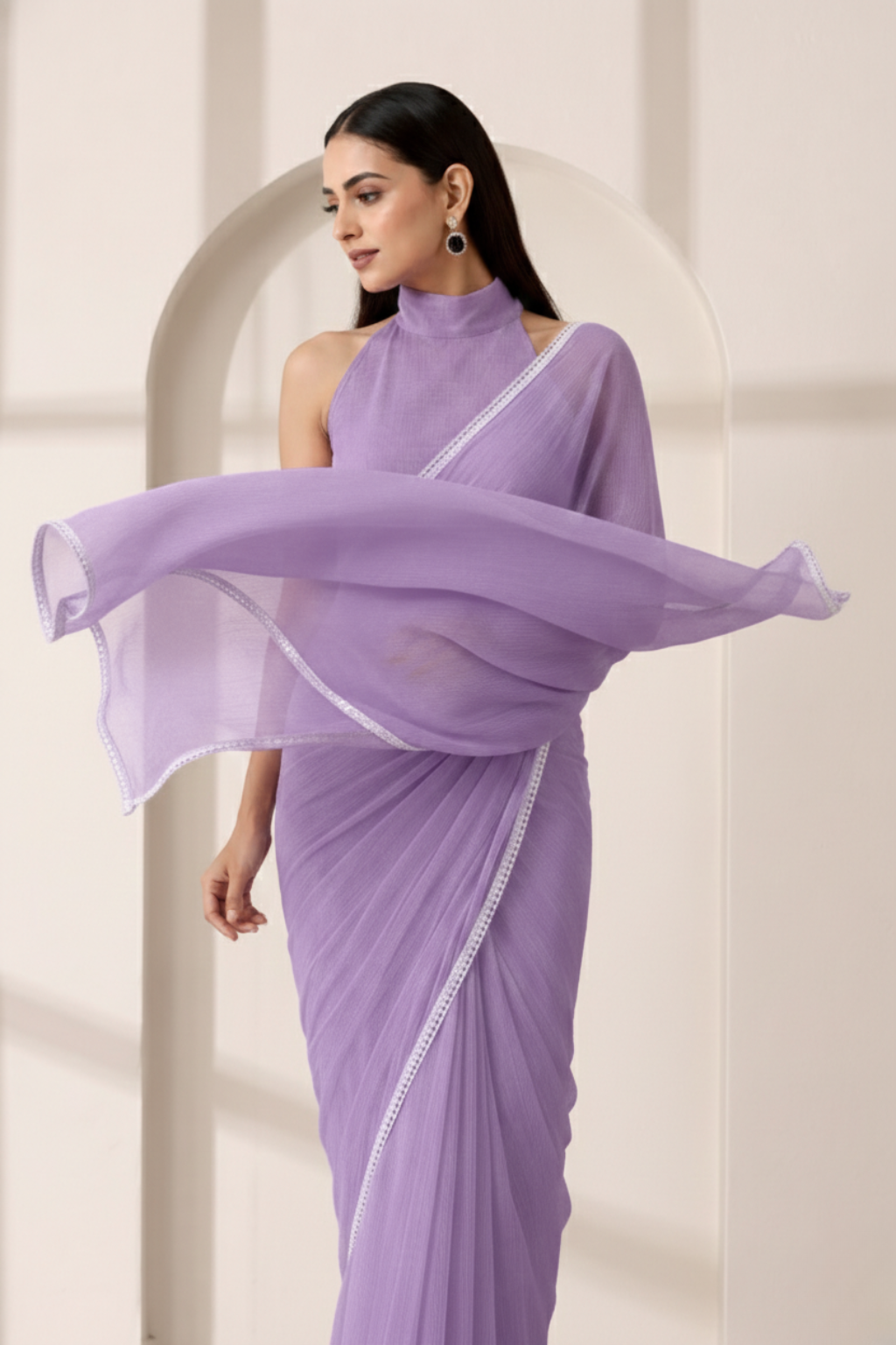 Purple Chiffon Saree with Lace and Self Fabric Blouse