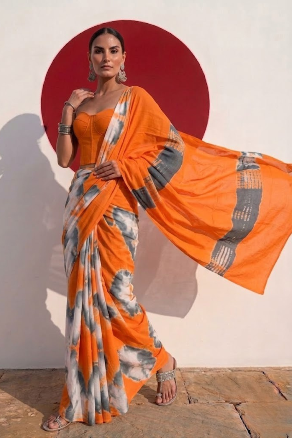 Orange and Grey Tie Dye Cotton Saree with Blouse fabric