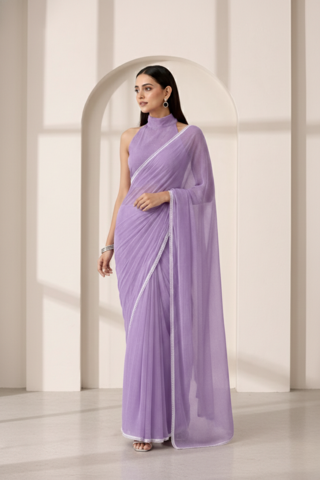 Purple Chiffon Saree with Lace and Self Fabric Blouse