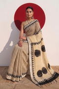Cream and Black Stripe Hand Block Printed Cotton Saree with Blouse Fabric