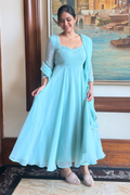 3 pc Suit Set -Light Blue Georgette 3/4th Sleeve Anarkali with Pearls with Dupatta and Pants