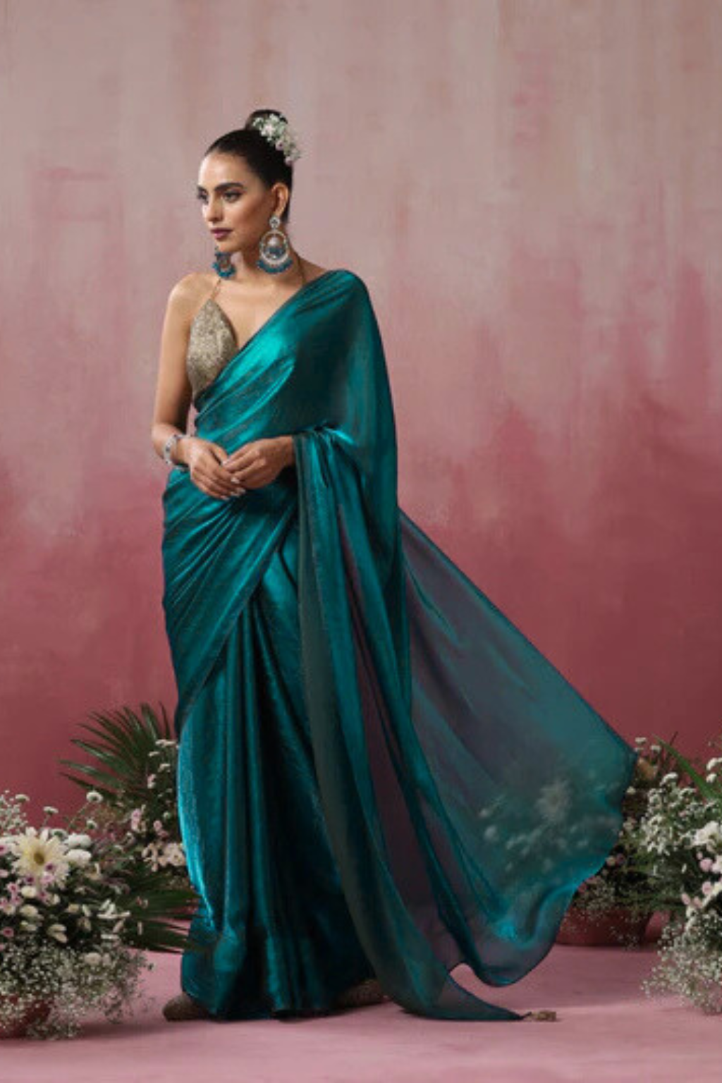 Green Metallic Satin Saree with Pendants and Blouse Fabric