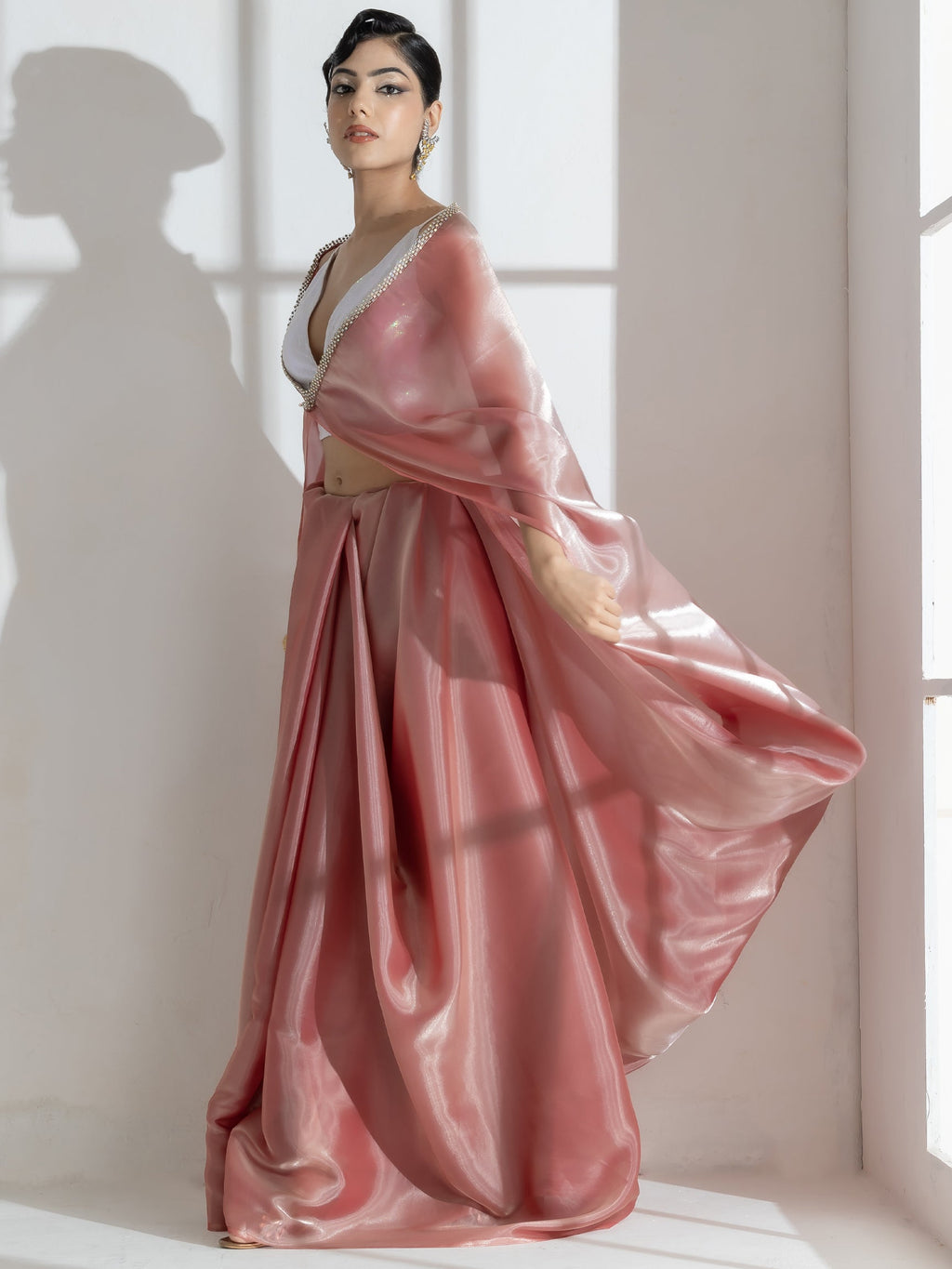 Mettalic Bloom Organza Satin Saree  with Diamond Studs and Self Blouse Fabric