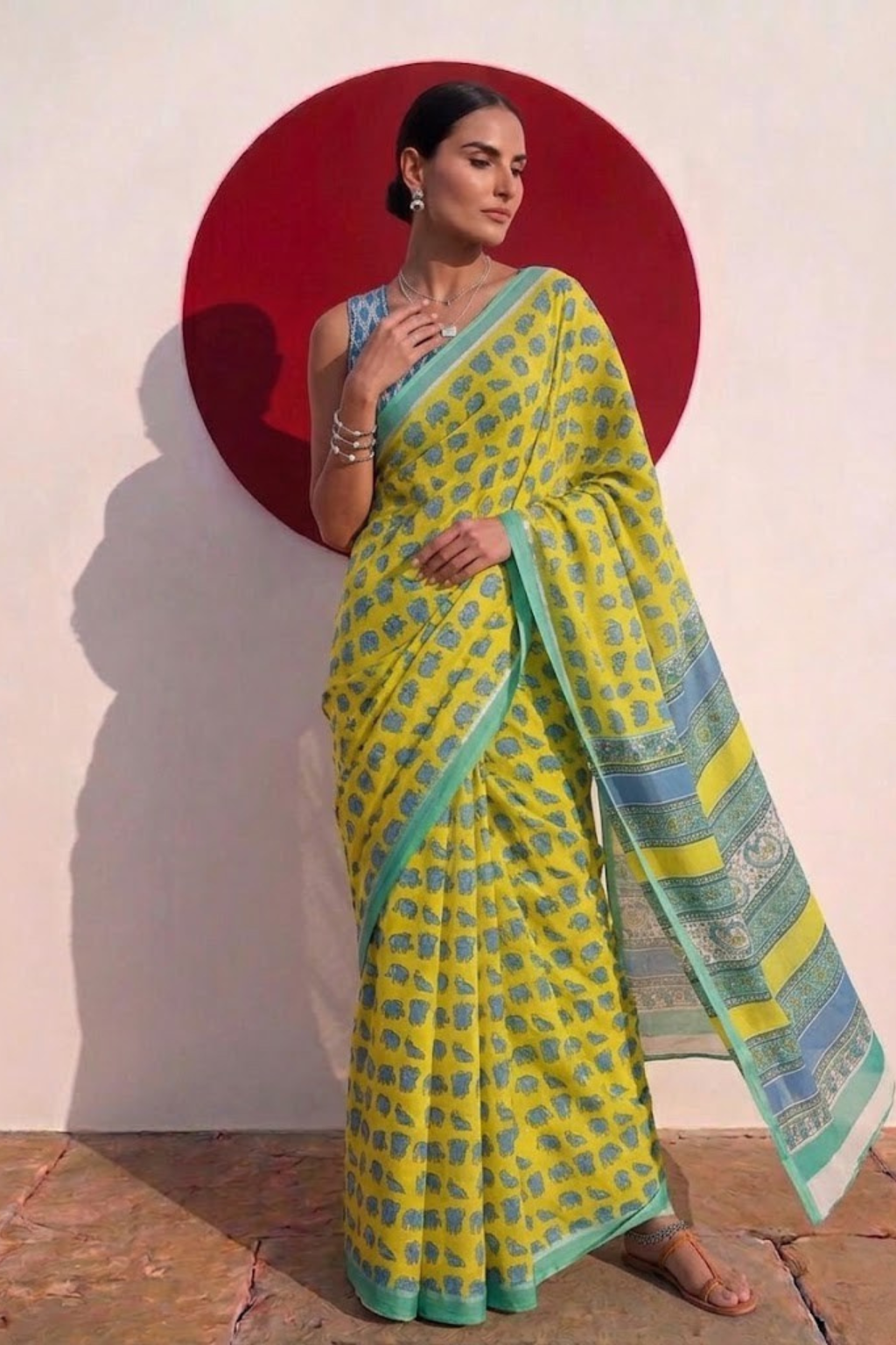 Elephant Yellow Hand Block Cotton Saree with Green Border and Blue Blouse