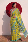 Elephant Yellow Hand Block Cotton Saree with Green Border and Blue Blouse