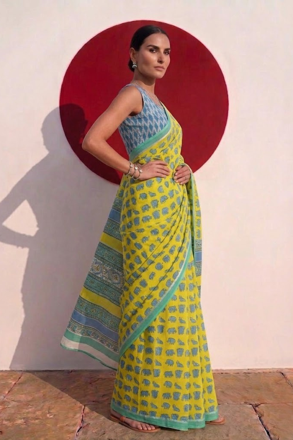 Elephant Yellow Hand Block Cotton Saree with Green Border and Blue Blouse