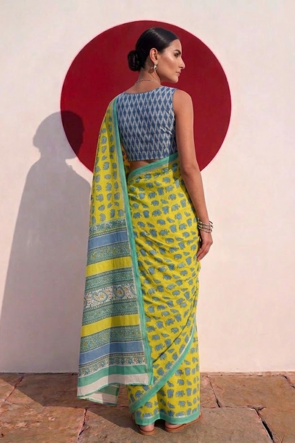 Elephant Yellow Hand Block Cotton Saree with Green Border and Blue Blouse