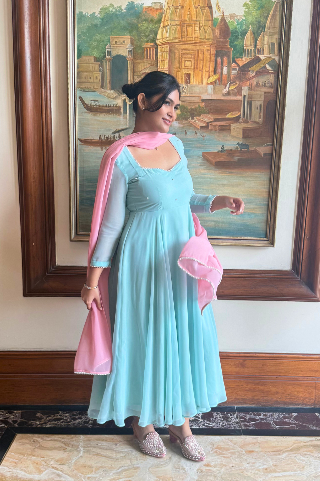 3 pc Suit Set -Light Blue Pearl Edge Georgette 3/4th Sleeve Anarkali with Pink Dupatta and Pants