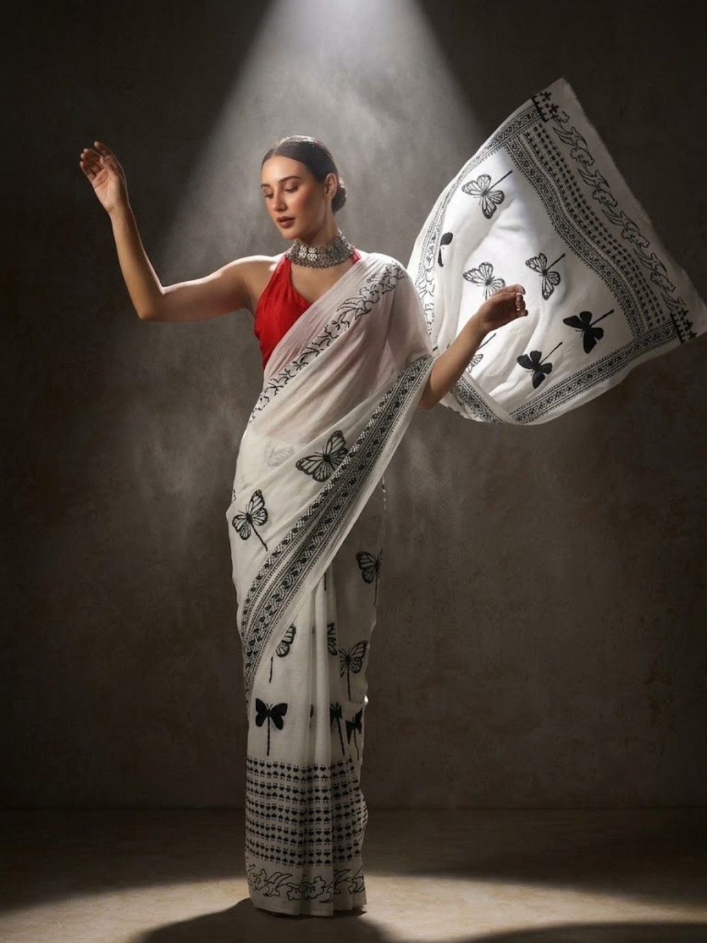 Butterfly White and Black Hand Block Cotton Saree with Red Printed Blouse