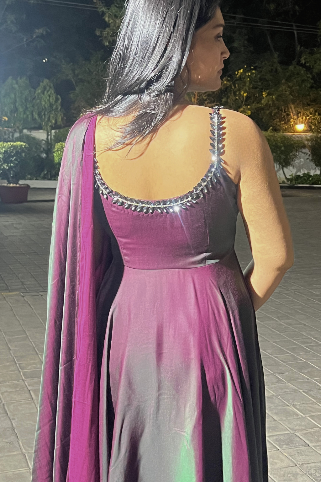 3 pc Suit - Purple Green Satin Sleeveless Anarkali with Glass Trim